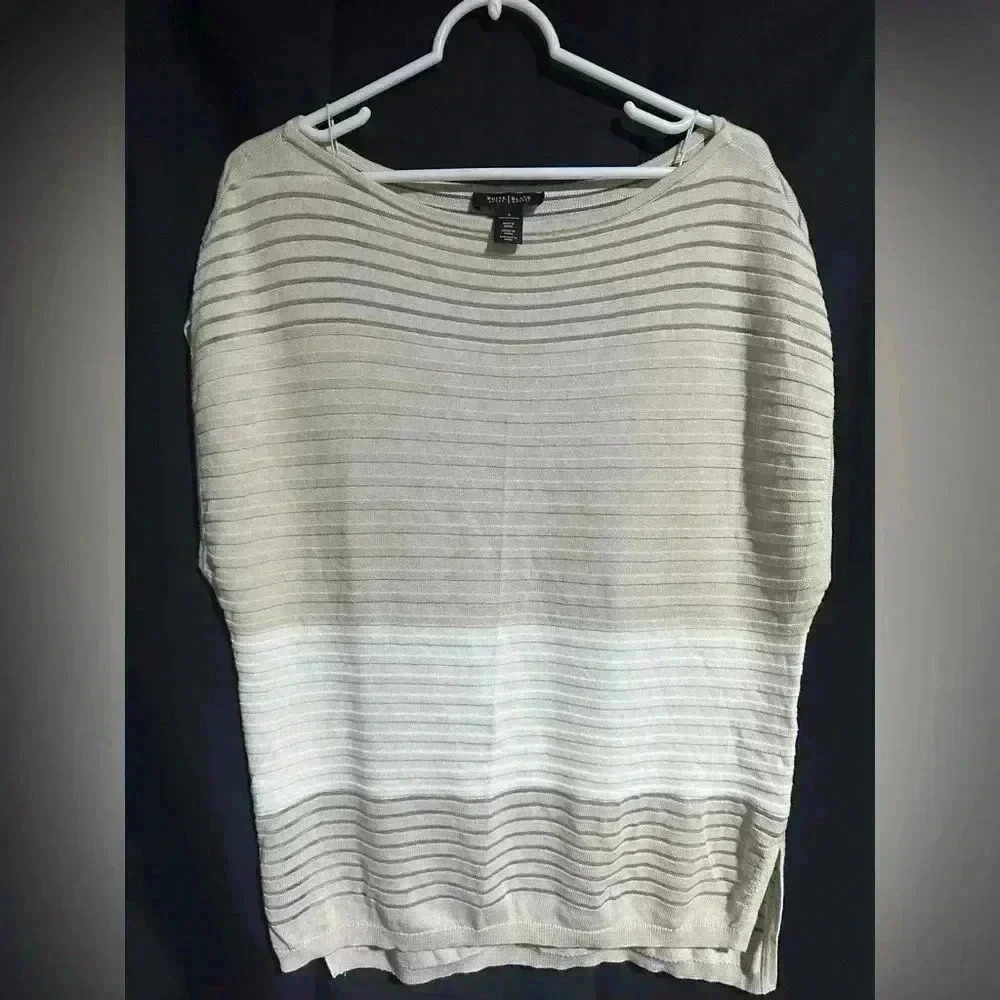 White House Black Market Women’s S White Tan Sheer Striped Top Blouse Cap Sleeve